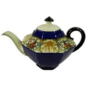 Schumann Bavaria Hexagonal Teapot Cobalt Blue Floral Gold Trim Vintage Germany